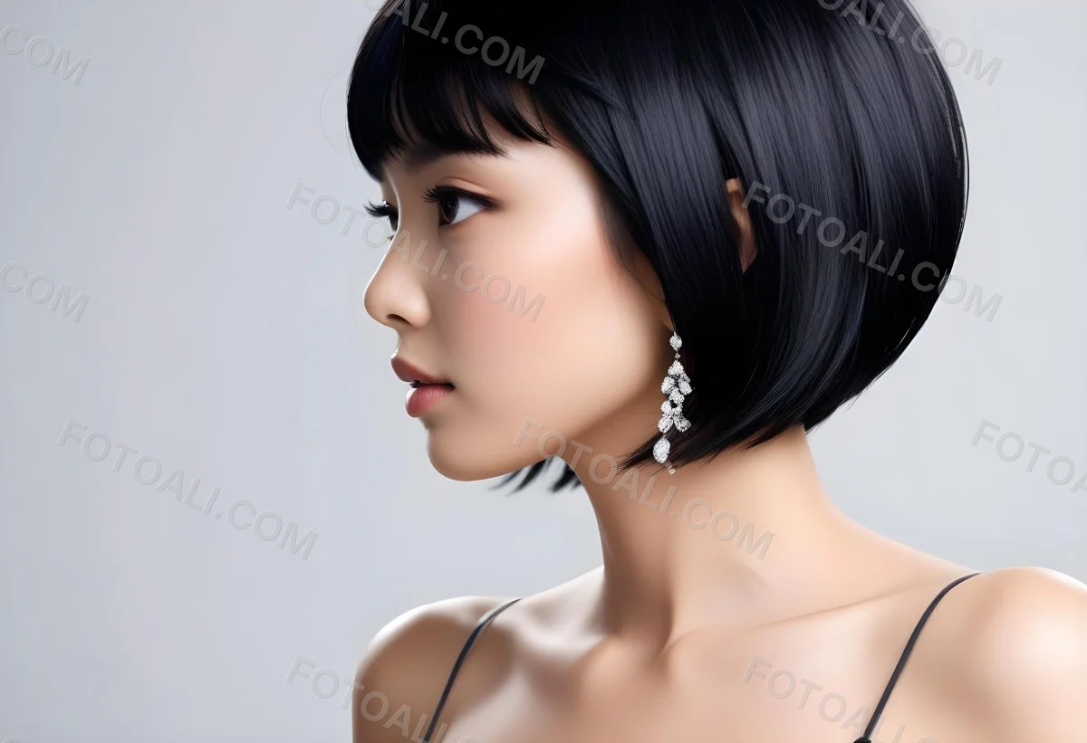 A Young Asian Woman With Short Black Hair And Pearl Earrings Looking To The Side 1 5f7a