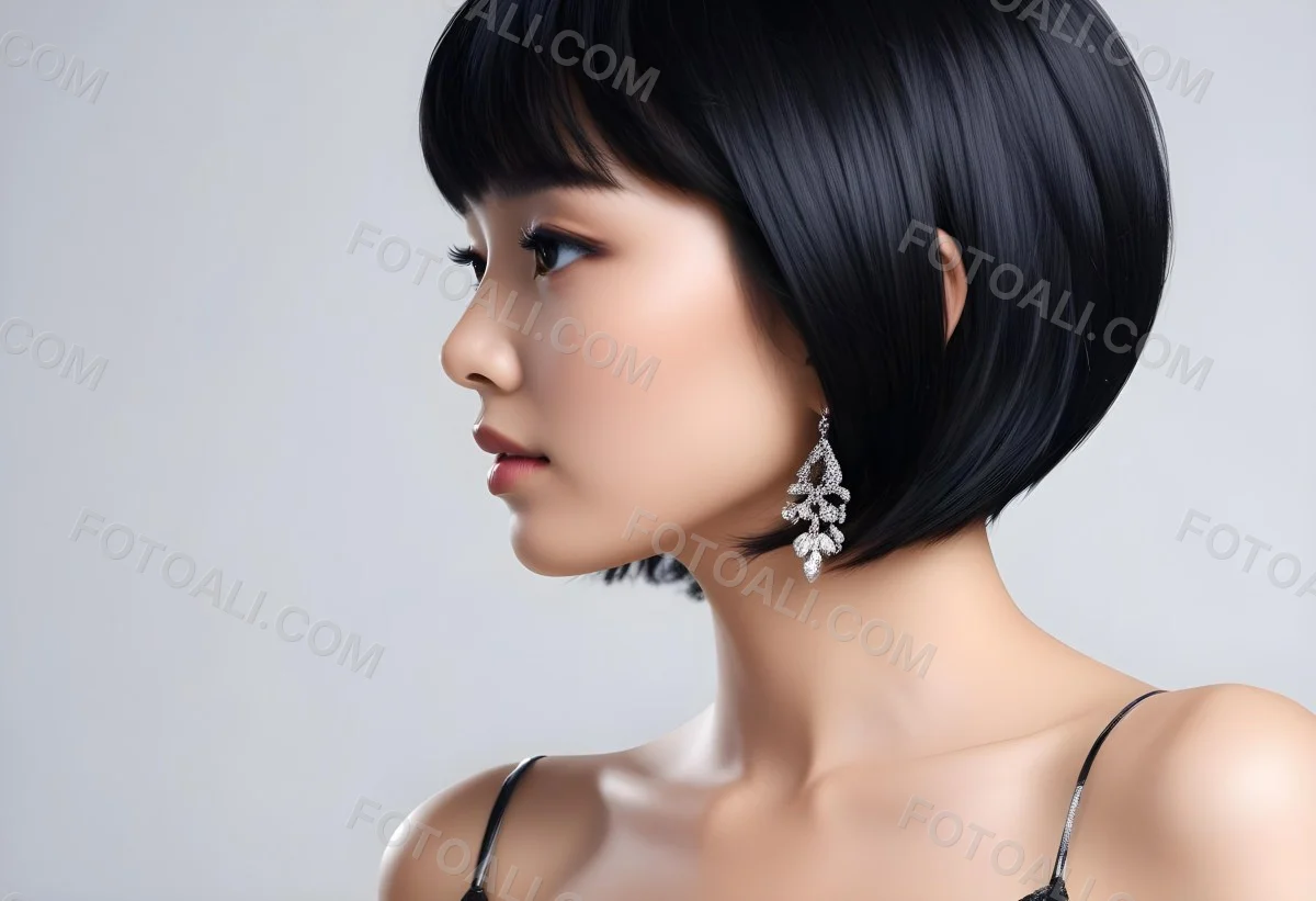 A Young Asian Woman With Short Black Hair And Pearl Earrings Looking To The Side 11 729d