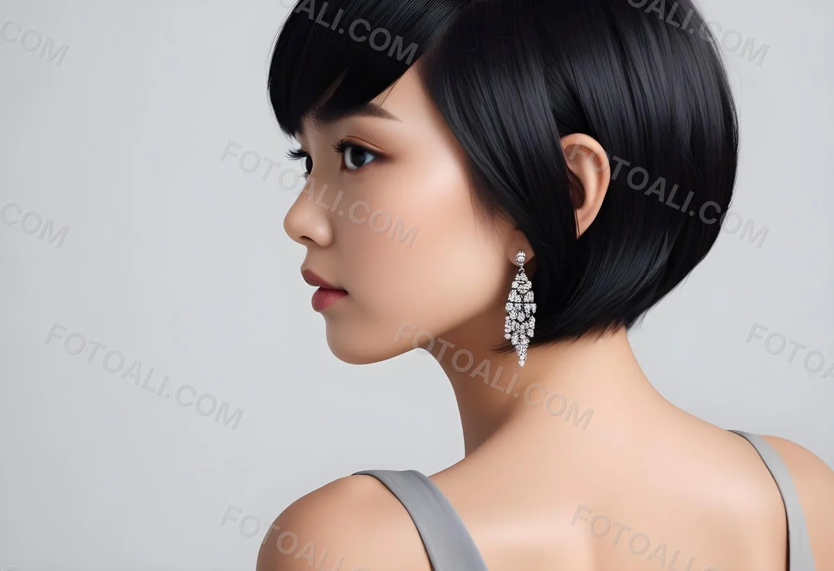A Young Asian Woman With Short Black Hair And Pearl Earrings Looking To The Side 2 561a