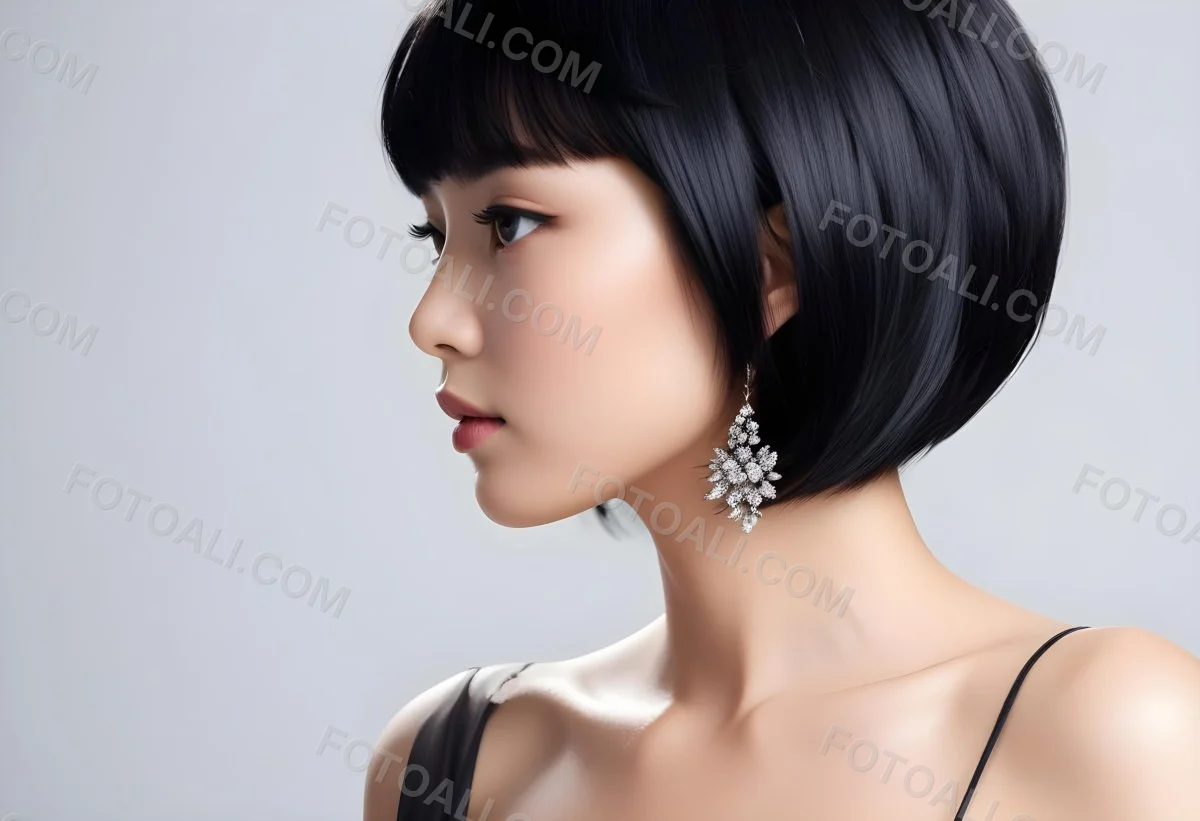 A Young Asian Woman With Short Black Hair And Pearl Earrings Looking To The Side 3 3c88