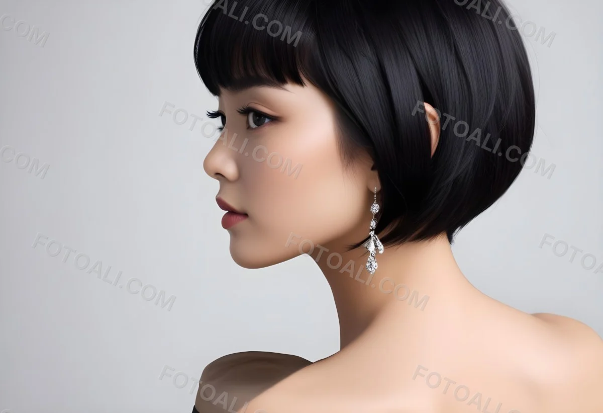 A Young Asian Woman With Short Black Hair And Pearl Earrings Looking To The Side 4 749d