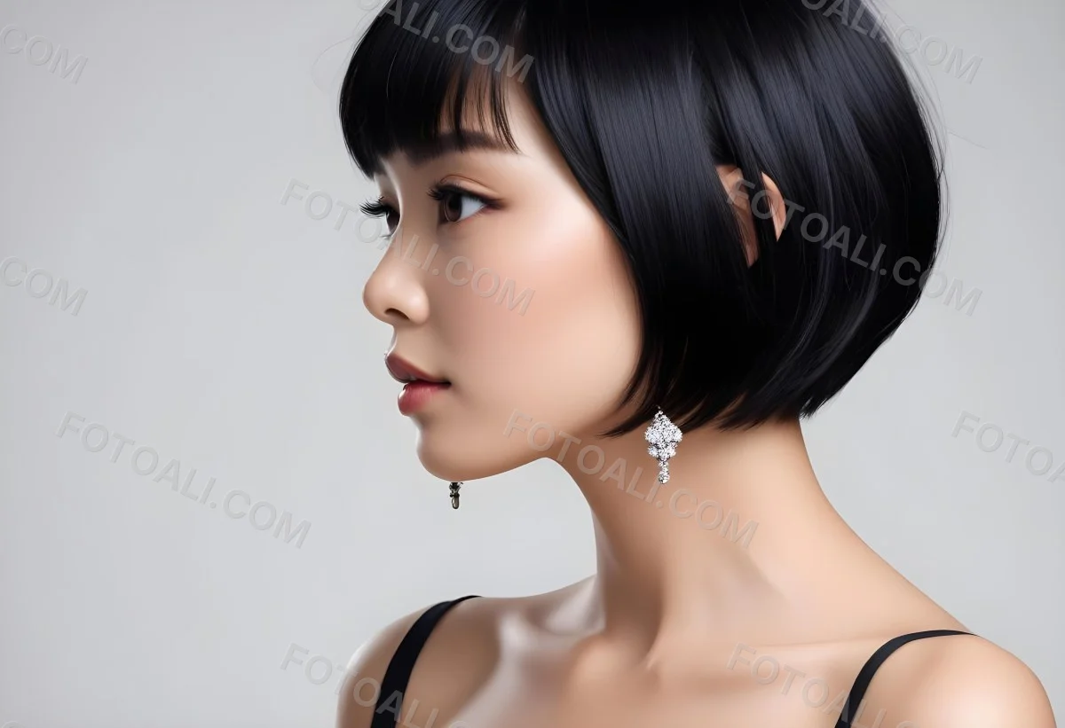 A Young Asian Woman With Short Black Hair And Pearl Earrings Looking To The Side 5 3f75