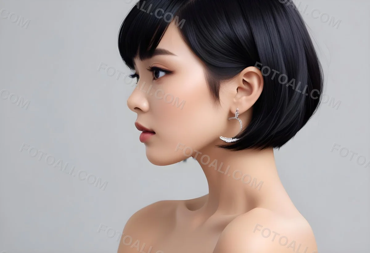 A Young Asian Woman With Short Black Hair And Pearl Earrings Looking To The Side 6 C708