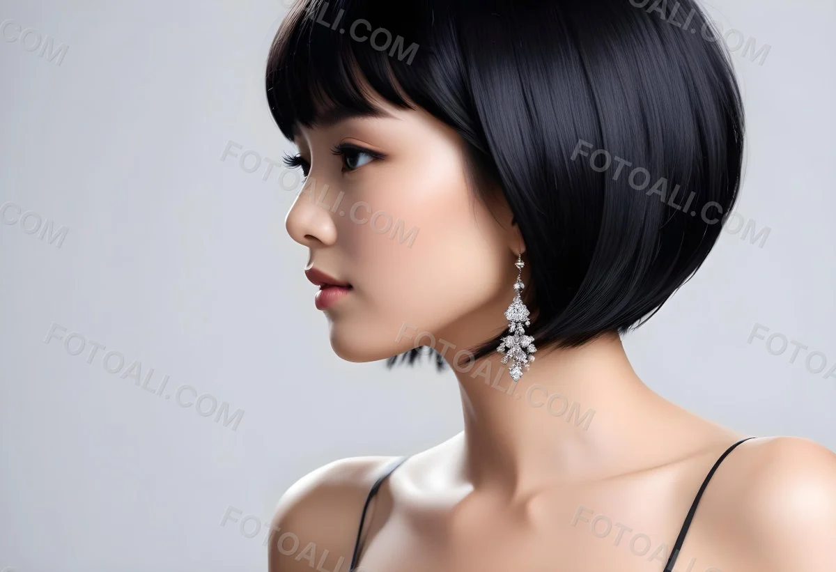 A Young Asian Woman With Short Black Hair And Pearl Earrings Looking To The Side 7 239c