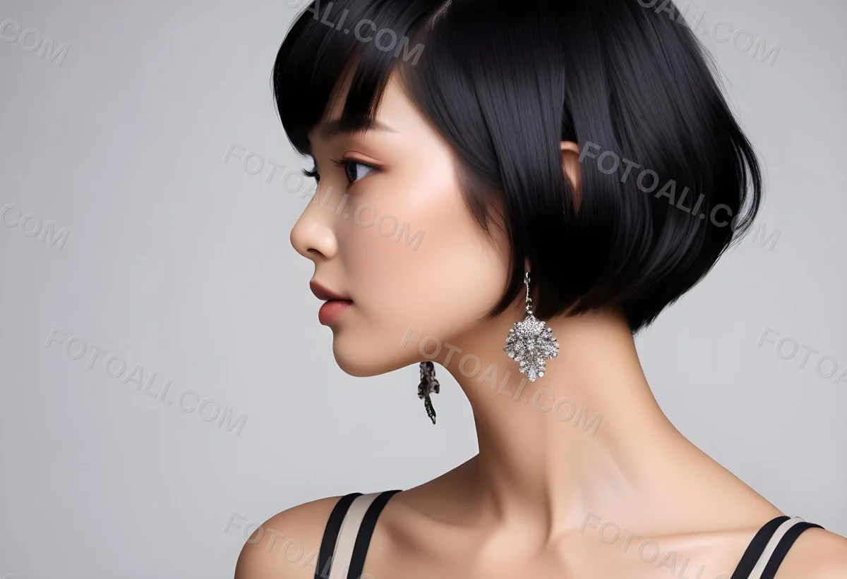 A Young Asian Woman With Short Black Hair And Pearl Earrings Looking To The Side 9 5697
