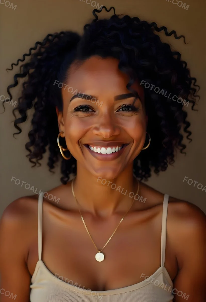 A Young Black Woman With Curly Dark Hair And A Warm Friendly Smile 5 C428