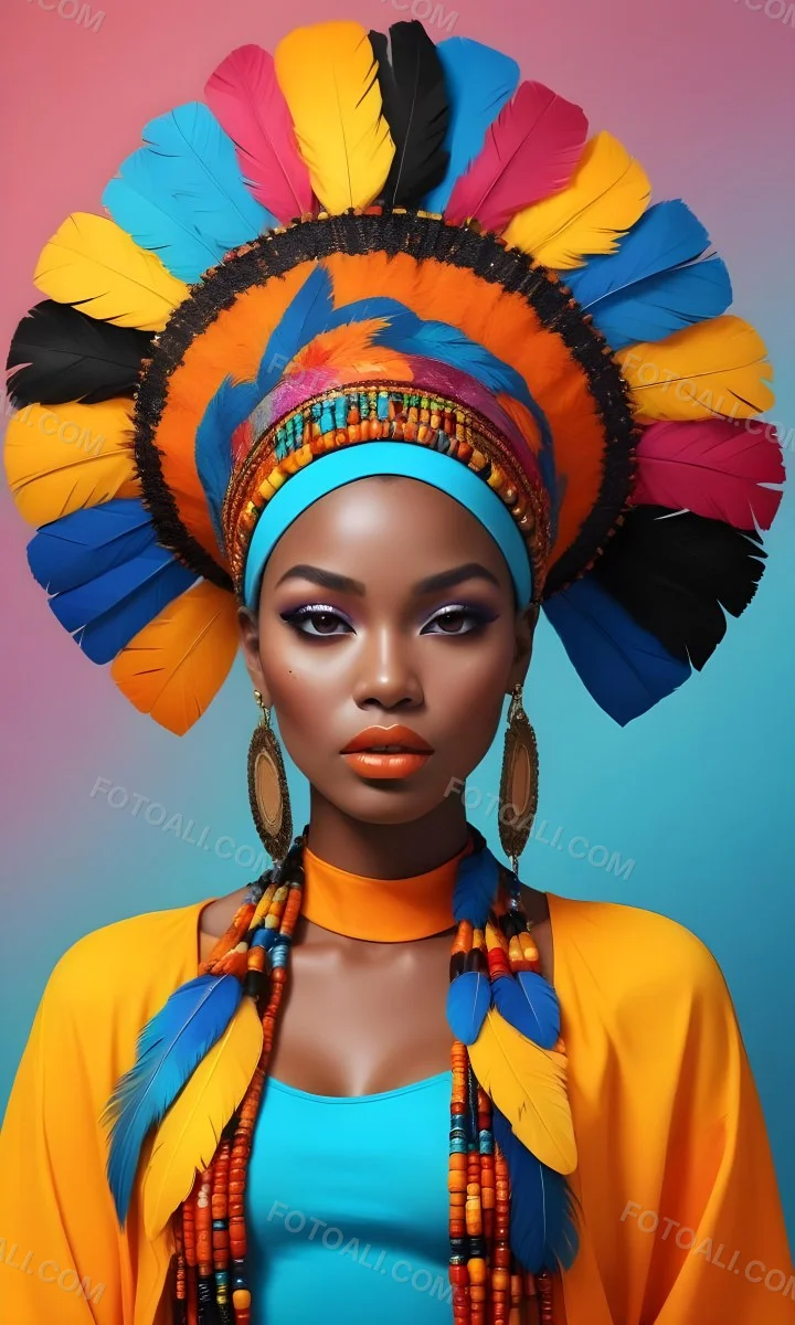 A Young Black Woman With Dark Skin Wearing A Colorful Feathered Headdress And Matching Jewelry Against A Vibrant Blue Background 3 2f04