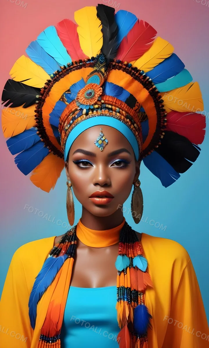 A Young Black Woman With Dark Skin Wearing A Colorful Feathered Headdress And Matching Jewelry Against A Vibrant Blue Background 4 1ea0