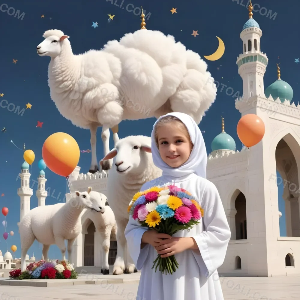 A Young Blonde Girl In A White Dress Holding A Bouquet Of Flowers Standing Next To A White Mosque Like Building With Minarets There Is Also A Small White Sheep Like Creature With A Pink Bow Next To Her The Backgro 10 22f4