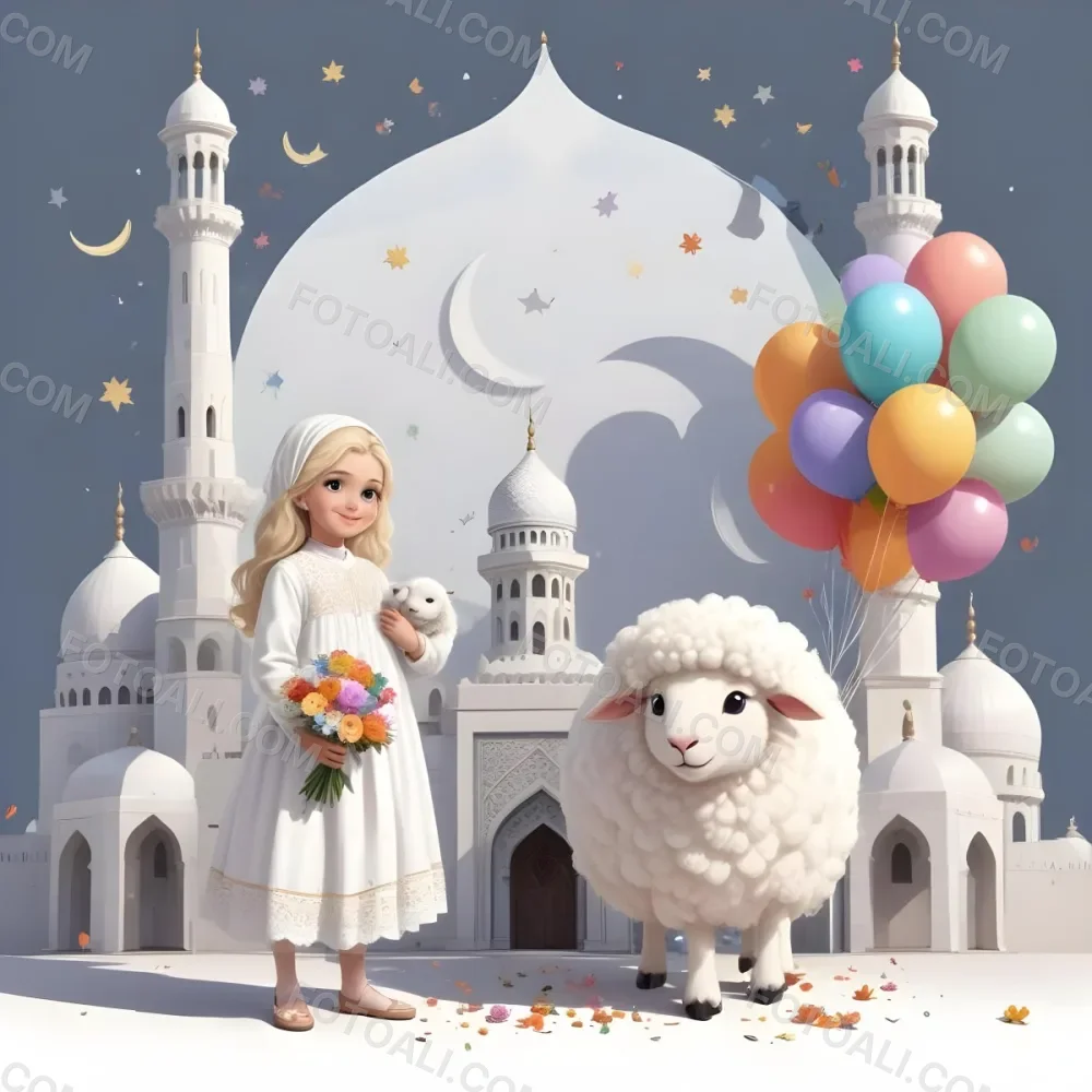 A Young Blonde Girl In A White Dress Holding A Bouquet Of Flowers Standing Next To A White Mosque Like Building With Minarets There Is Also A Small White Sheep Like Creature With A Pink Bow Next To Her The Backgro 12 B992