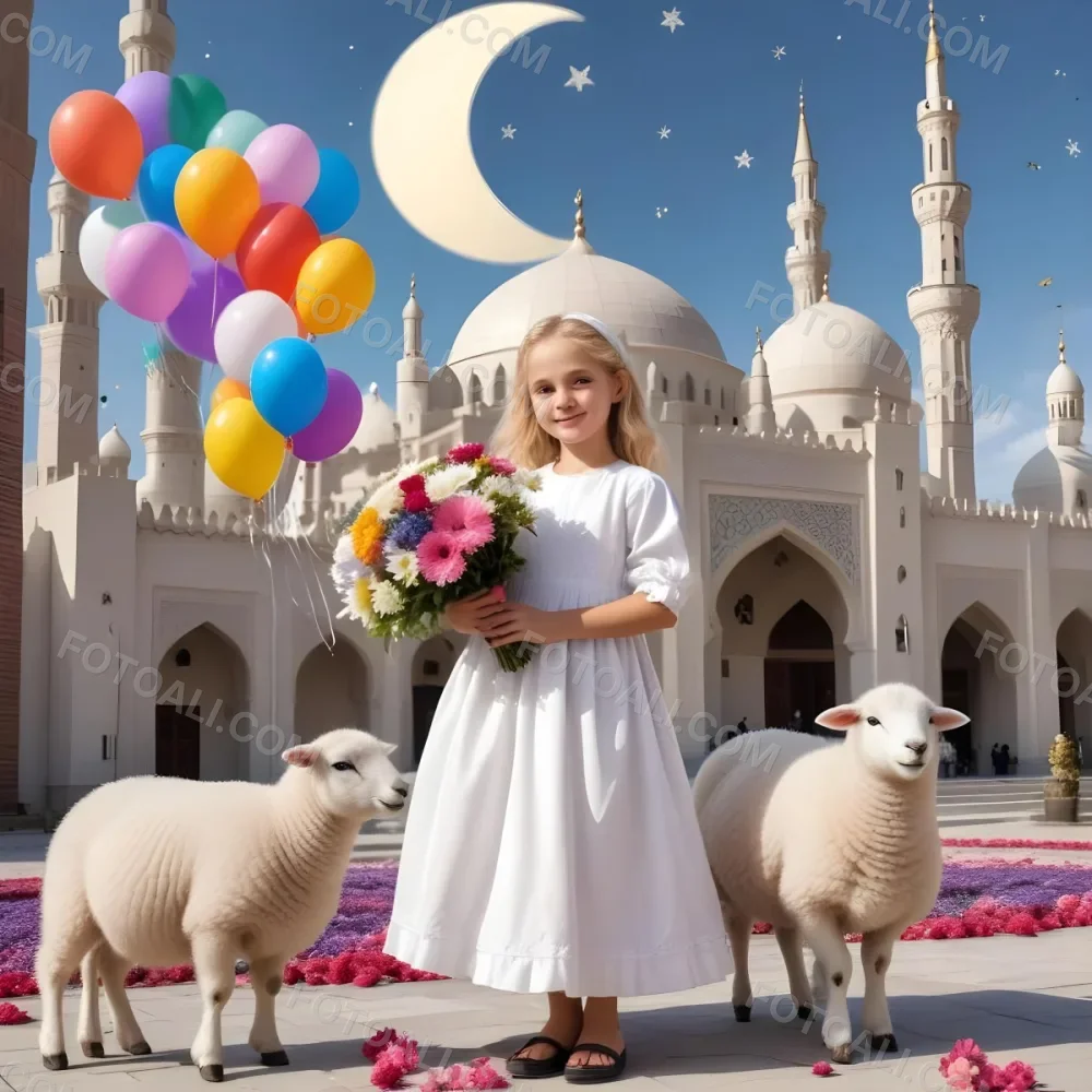 A Young Blonde Girl In A White Dress Holding A Bouquet Of Flowers Standing Next To A White Mosque Like Building With Minarets There Is Also A Small White Sheep Like Creature With A Pink Bow Next To Her The Backgro 13 Be5d