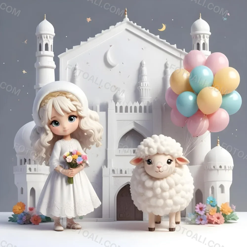A Young Blonde Girl In A White Dress Holding A Bouquet Of Flowers Standing Next To A White Mosque Like Building With Minarets There Is Also A Small White Sheep Like Creature With A Pink Bow Next To Her The Backgro 14 232d