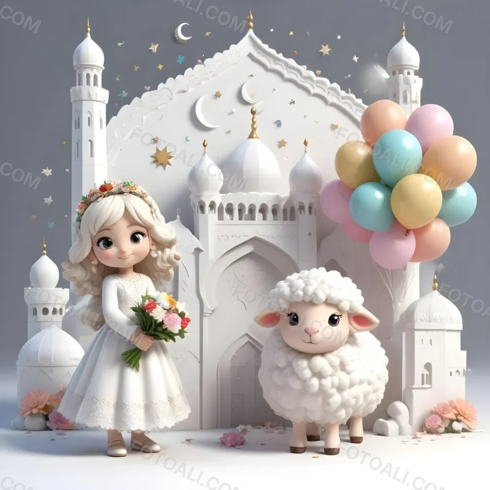 A Young Blonde Girl In A White Dress Holding A Bouquet Of Flowers Standing Next To A White Mosque Like Building With Minarets There Is Also A Small White Sheep Like Creature With A Pink Bow Next To Her The Backgro 17 8fea