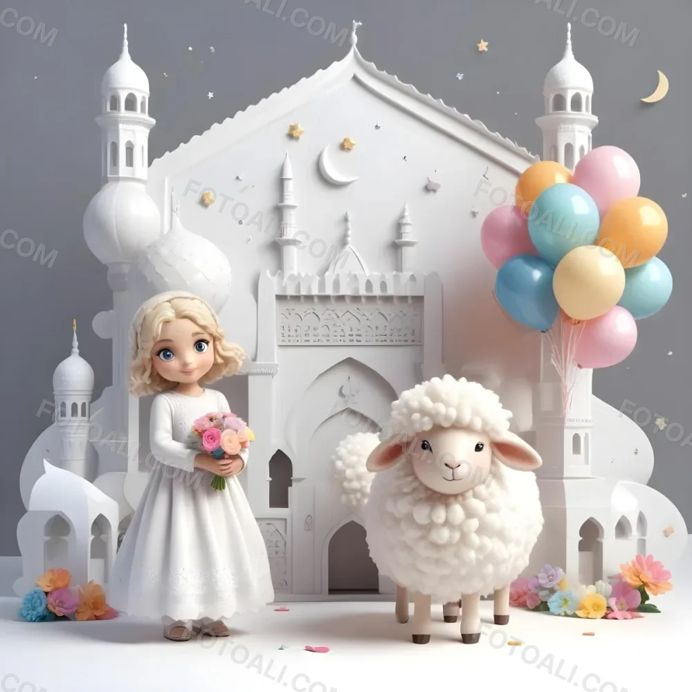A Young Blonde Girl In A White Dress Holding A Bouquet Of Flowers Standing Next To A White Mosque Like Building With Minarets There Is Also A Small White Sheep Like Creature With A Pink Bow Next To Her The Backgro 3 7d57