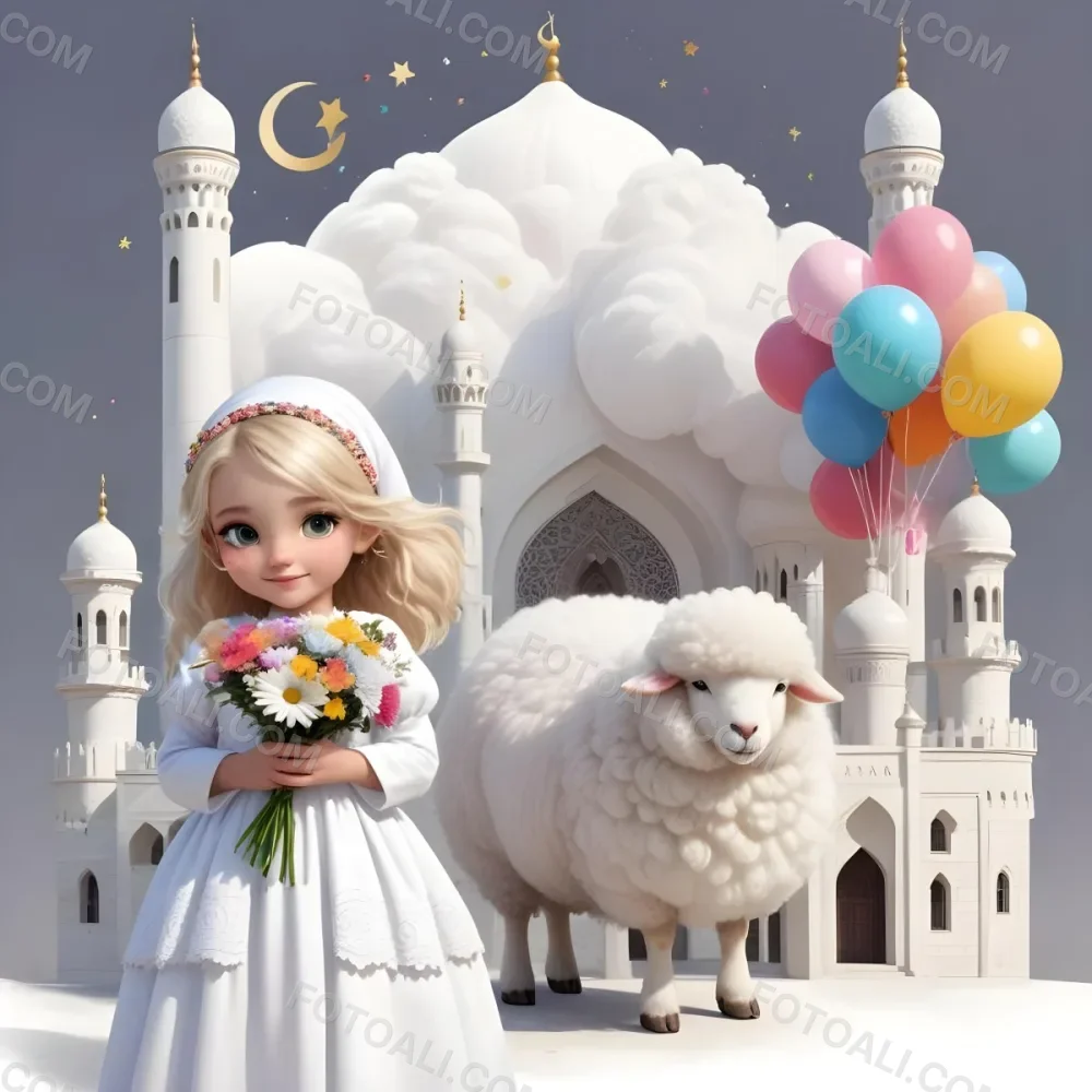 A Young Blonde Girl In A White Dress Holding A Bouquet Of Flowers Standing Next To A White Mosque Like Building With Minarets There Is Also A Small White Sheep Like Creature With A Pink Bow Next To Her The Backgro 4 A907