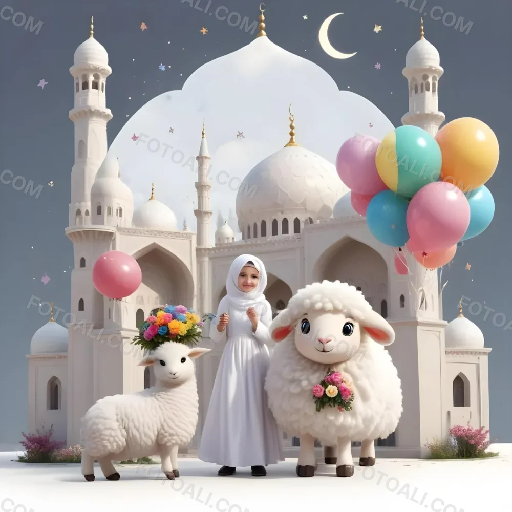 A Young Blonde Girl In A White Dress Holding A Bouquet Of Flowers Standing Next To A White Mosque Like Building With Minarets There Is Also A Small White Sheep Like Creature With A Pink Bow Next To Her The Backgro 6 7809