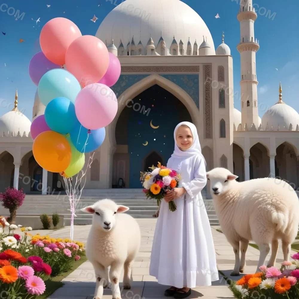 A Young Blonde Girl In A White Dress Holding A Bouquet Of Flowers Standing Next To A White Mosque Like Building With Minarets There Is Also A Small White Sheep Like Creature With A Pink Bow Next To Her The Backgro 7 10b5