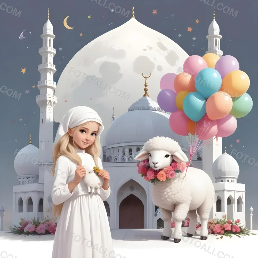 A Young Blonde Girl In A White Dress Holding A Bouquet Of Flowers Standing Next To A White Mosque Like Building With Minarets There Is Also A Small White Sheep Like Creature With A Pink Bow Next To Her The Backgro 8 61fa