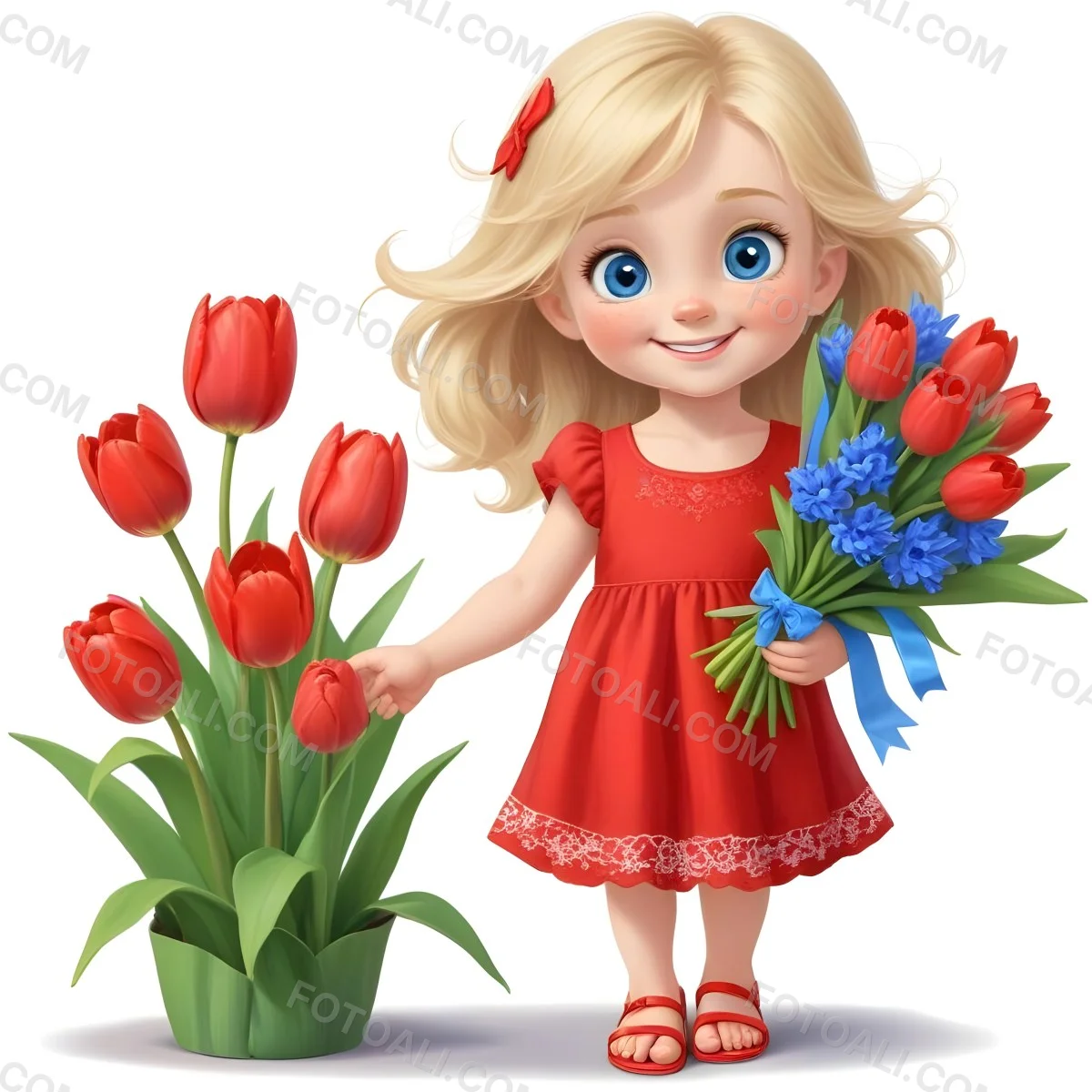 A Young Blonde Girl With Big Blue Eyes Wearing A Red Dress Holding A Bouquet Of Red Tulips In Front Of A Garden With More Tulips 52 768c