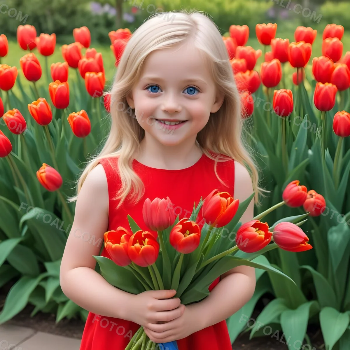 A Young Blonde Girl With Big Blue Eyes Wearing A Red Dress Holding A Bouquet Of Red Tulips In Front Of A Garden With More Tulips 57 92fe