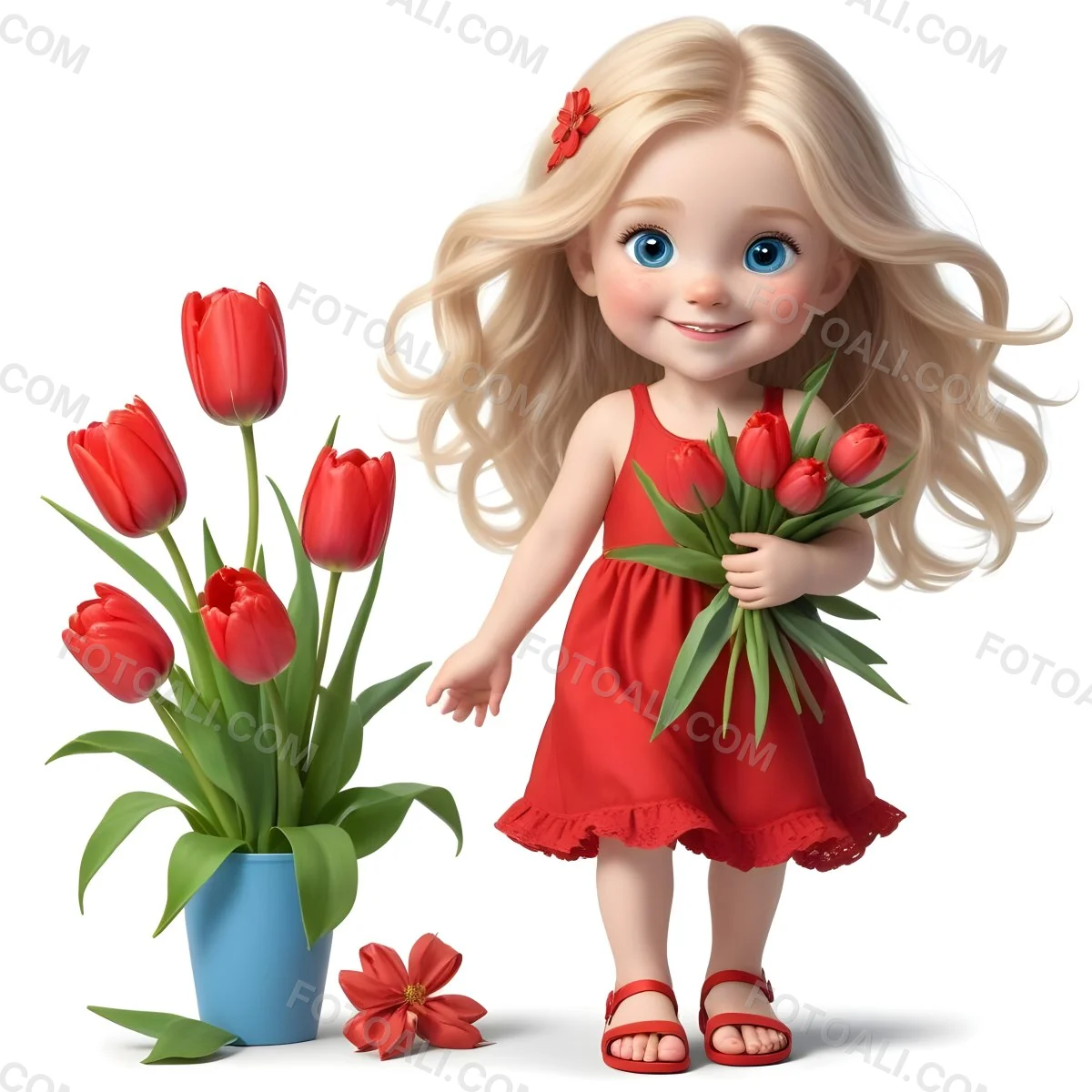 A Young Blonde Girl With Big Blue Eyes Wearing A Red Dress Holding A Bouquet Of Red Tulips In Front Of A Garden With More Tulips 62 1cbe