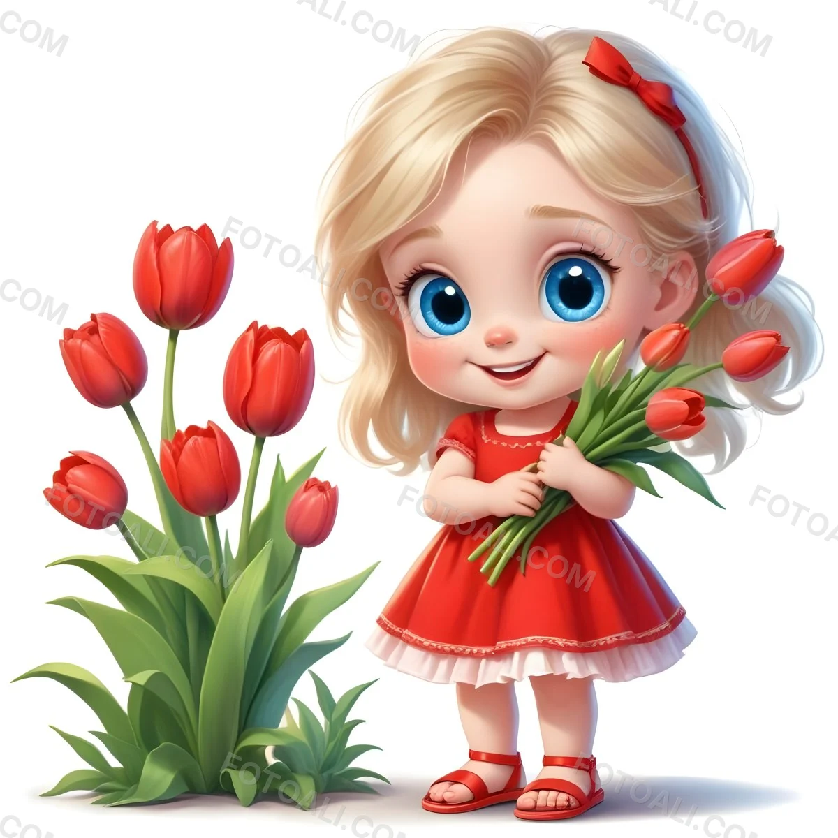 A Young Blonde Girl With Big Blue Eyes Wearing A Red Dress Holding A Bouquet Of Red Tulips In Front Of A Garden With More Tulips 7 B044