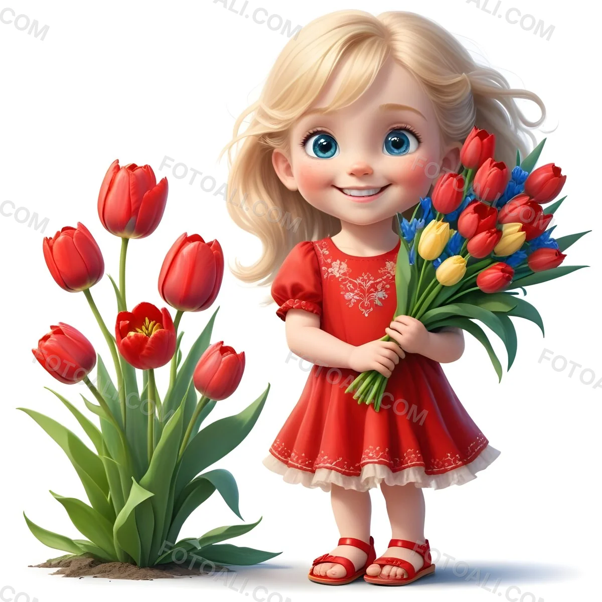 A Young Blonde Girl With Big Blue Eyes Wearing A Red Dress Holding A Bouquet Of Red Tulips In Front Of A Garden With More Tulips 70 Baf6