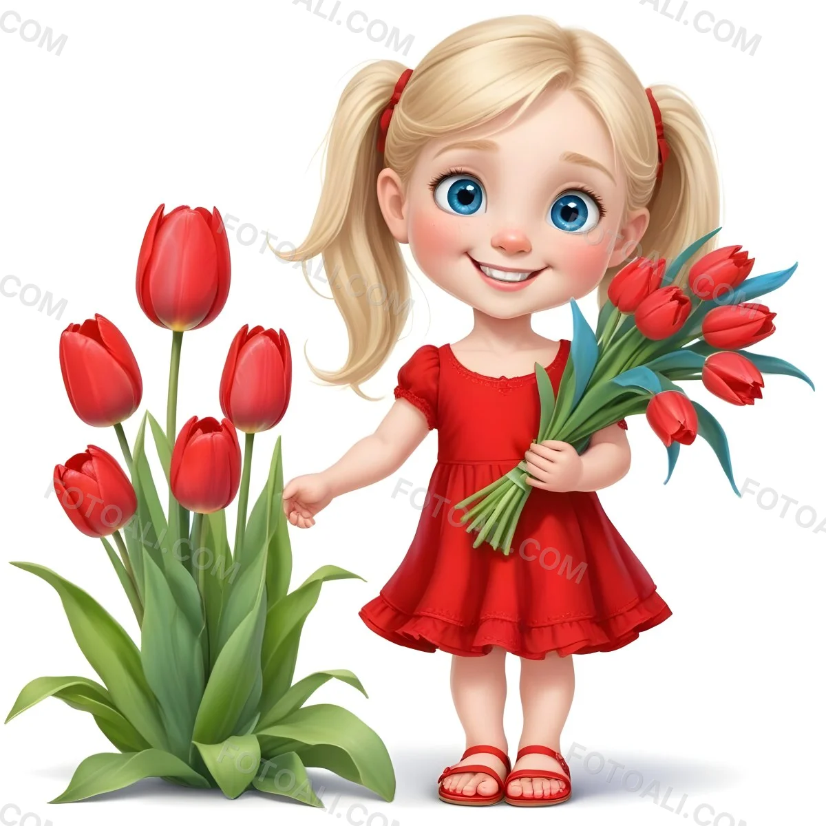 A Young Blonde Girl With Big Blue Eyes Wearing A Red Dress Holding A Bouquet Of Red Tulips In Front Of A Garden With More Tulips 73 02c5