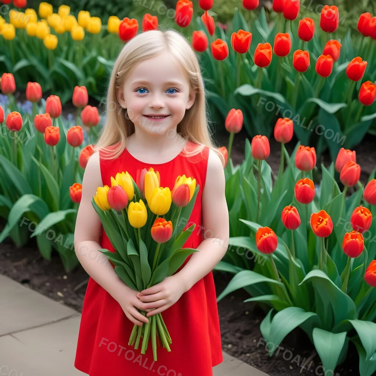A Young Blonde Girl With Big Blue Eyes Wearing A Red Dress Holding A Bouquet Of Red Tulips In Front Of A Garden With More Tulips 74 B4c1