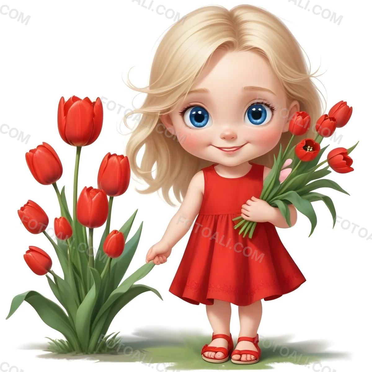 A Young Blonde Girl With Big Blue Eyes Wearing A Red Dress Holding A Bouquet Of Red Tulips In Front Of A Garden With More Tulips 89 B389