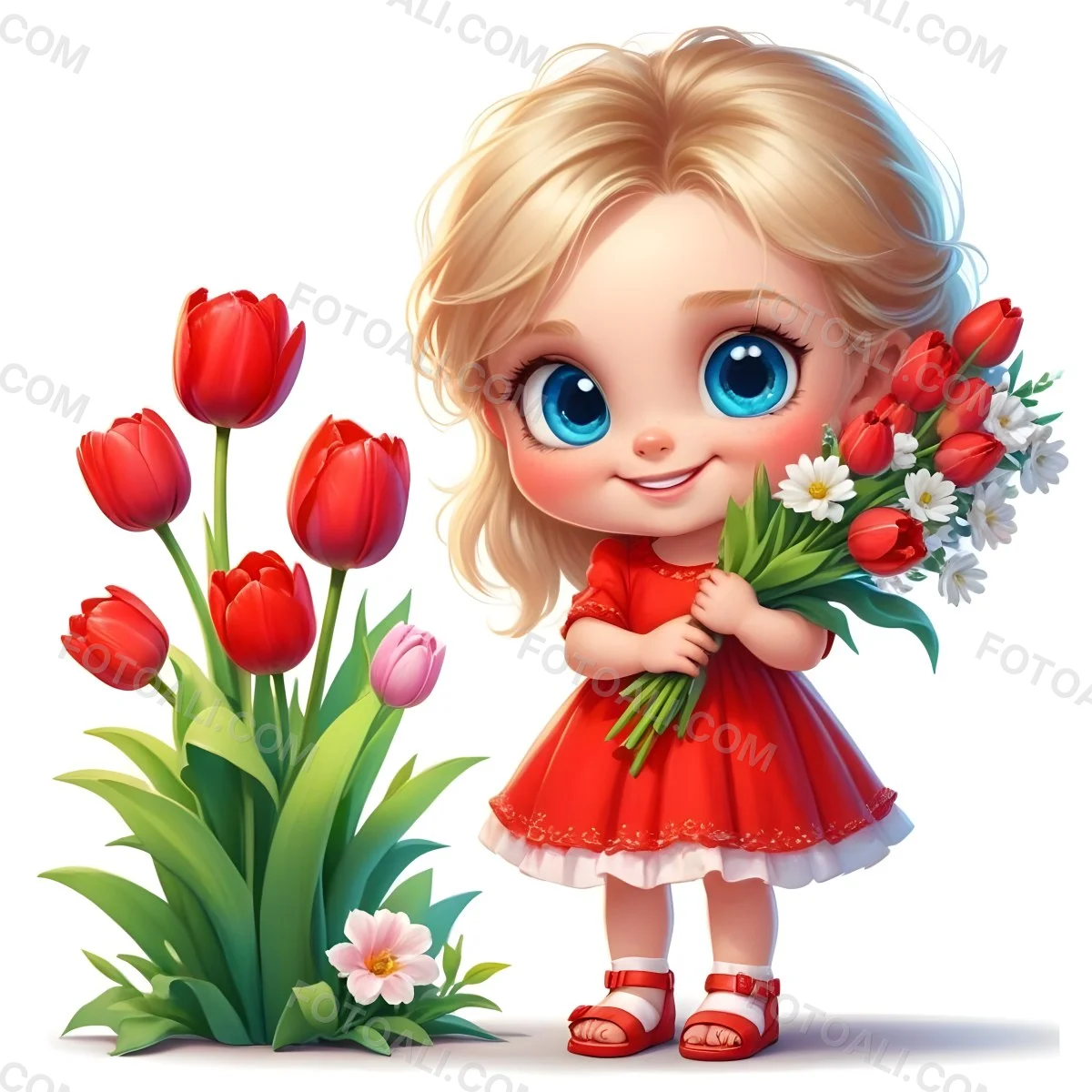 A Young Blonde Girl With Big Blue Eyes Wearing A Red Dress Holding A Bouquet Of Red Tulips In Front Of A Garden With More Tulips 9 39f7