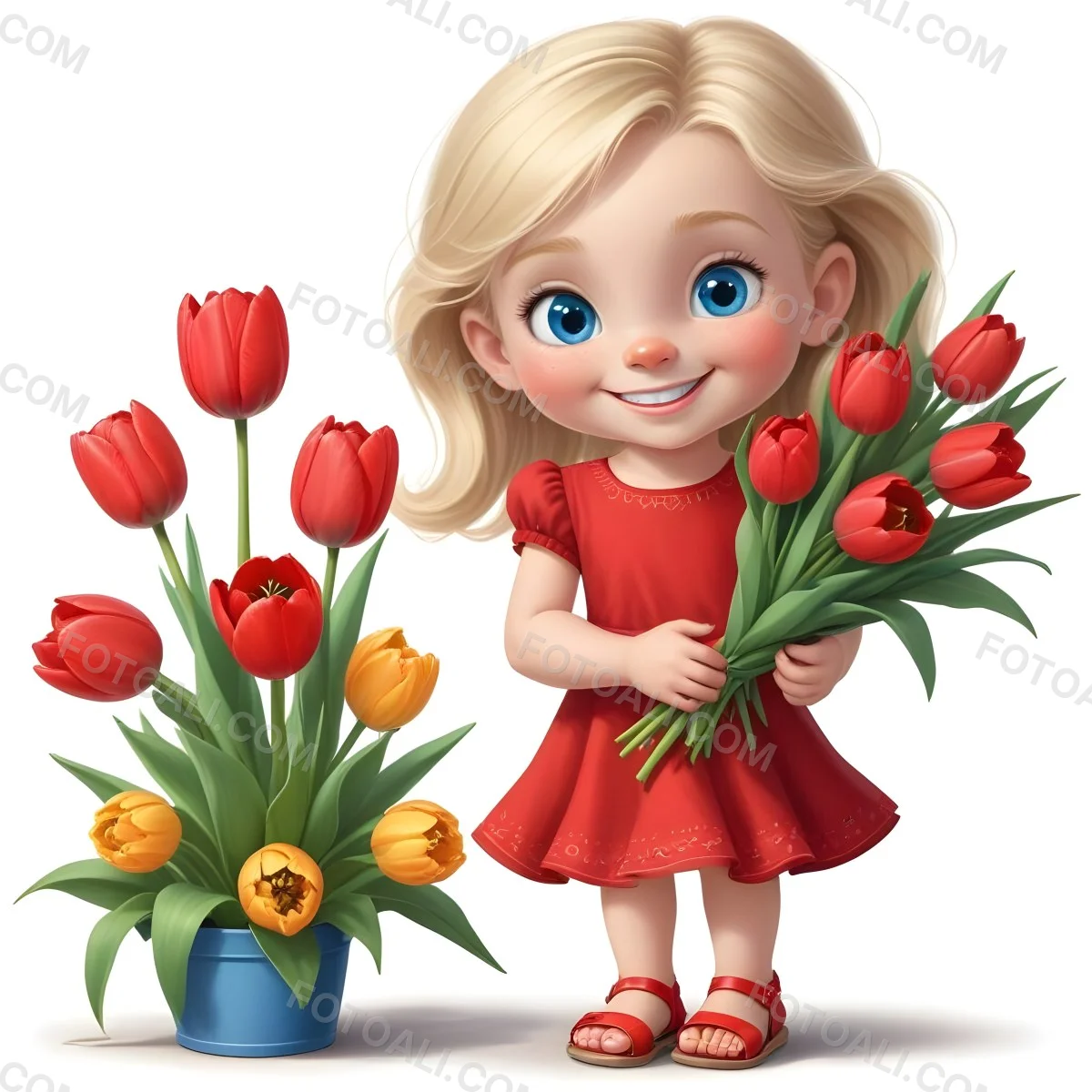 A Young Blonde Girl With Big Blue Eyes Wearing A Red Dress Holding A Bouquet Of Red Tulips In Front Of A Garden With More Tulips 93 Efe1
