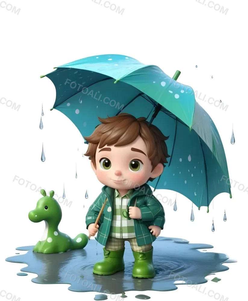 A Young Boy With Brown Hair Wearing A Green And White Striped Outfit Holding A Green Watering Can And Standing Under A Blue And Green Umbrella In The Rain 12 D79a