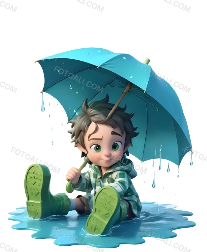 A Young Boy With Brown Hair Wearing A Green And White Striped Outfit Holding A Green Watering Can And Standing Under A Blue And Green Umbrella In The Rain 13 4e8a