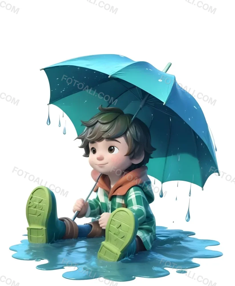 A Young Boy With Brown Hair Wearing A Green And White Striped Outfit Holding A Green Watering Can And Standing Under A Blue And Green Umbrella In The Rain 16 3022
