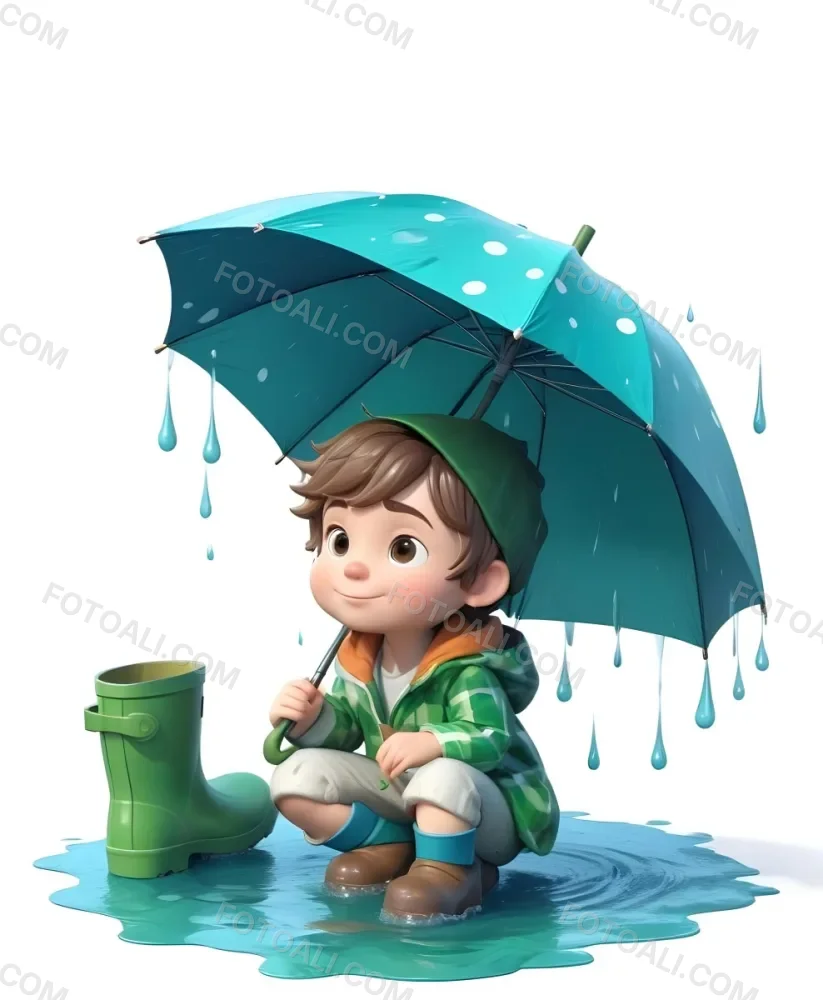 A Young Boy With Brown Hair Wearing A Green And White Striped Outfit Holding A Green Watering Can And Standing Under A Blue And Green Umbrella In The Rain 18 64f8