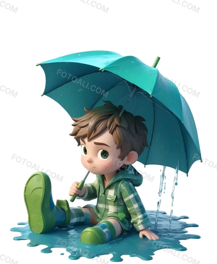 A Young Boy With Brown Hair Wearing A Green And White Striped Outfit Holding A Green Watering Can And Standing Under A Blue And Green Umbrella In The Rain 2 F14c