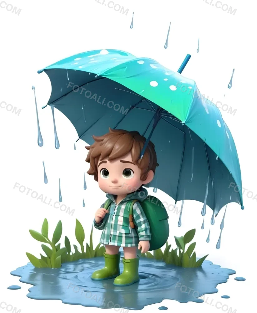 A Young Boy With Brown Hair Wearing A Green And White Striped Outfit Holding A Green Watering Can And Standing Under A Blue And Green Umbrella In The Rain 5 D3b9