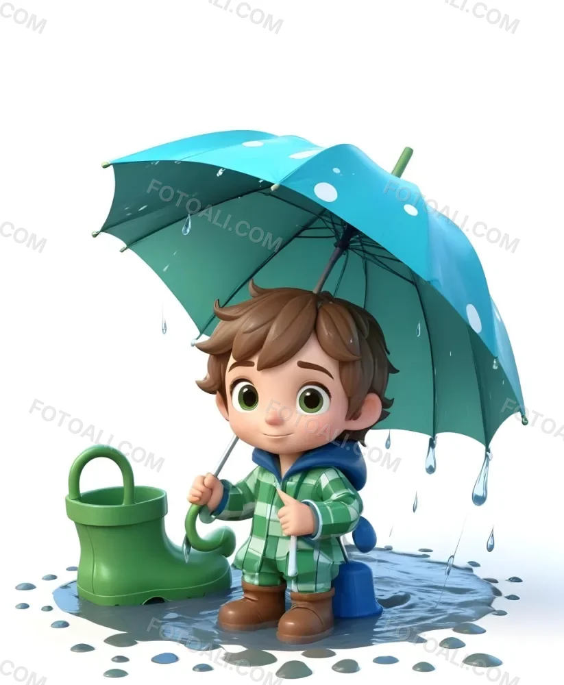A Young Boy With Brown Hair Wearing A Green And White Striped Outfit Holding A Green Watering Can And Standing Under A Blue And Green Umbrella In The Rain 6 4796