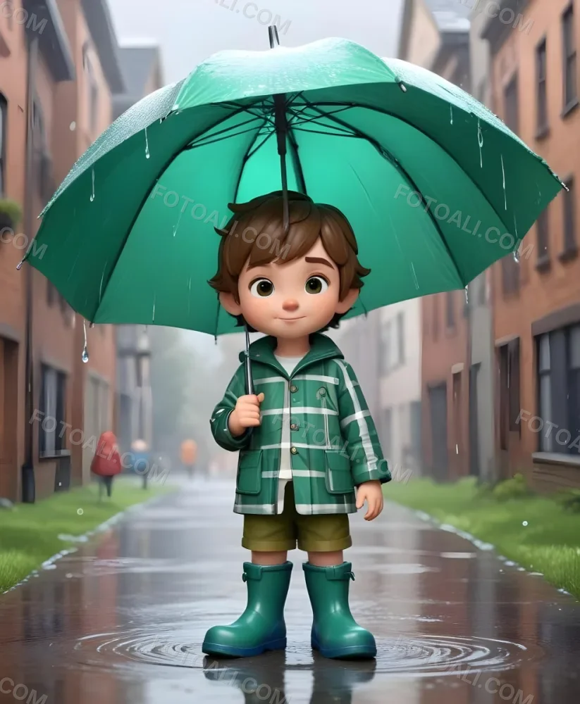 A Young Boy With Brown Hair Wearing A Green And White Striped Outfit Holding A Green Watering Can And Standing Under A Blue And Green Umbrella In The Rain 7 C312