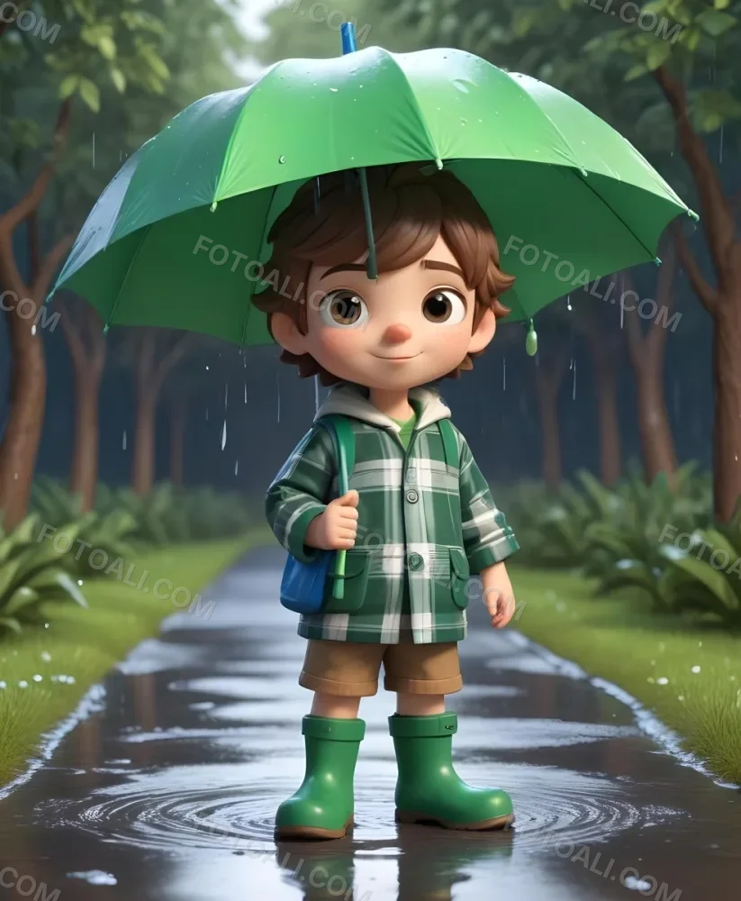 A Young Boy With Brown Hair Wearing A Green And White Striped Outfit Holding A Green Watering Can And Standing Under A Blue And Green Umbrella In The Rain 9 Add7