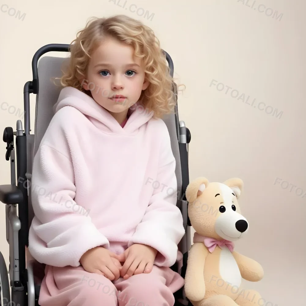 A Young Caucasian Girl Approximately 6 Years Old With Curly Blonde Hair Sitting In A Wheelchair She Is Wearing A Light Pink Hoodie And Has A White Blanket Covering Her Legs The Girl Is Holding A Stuffed Animal And Has 1 A264