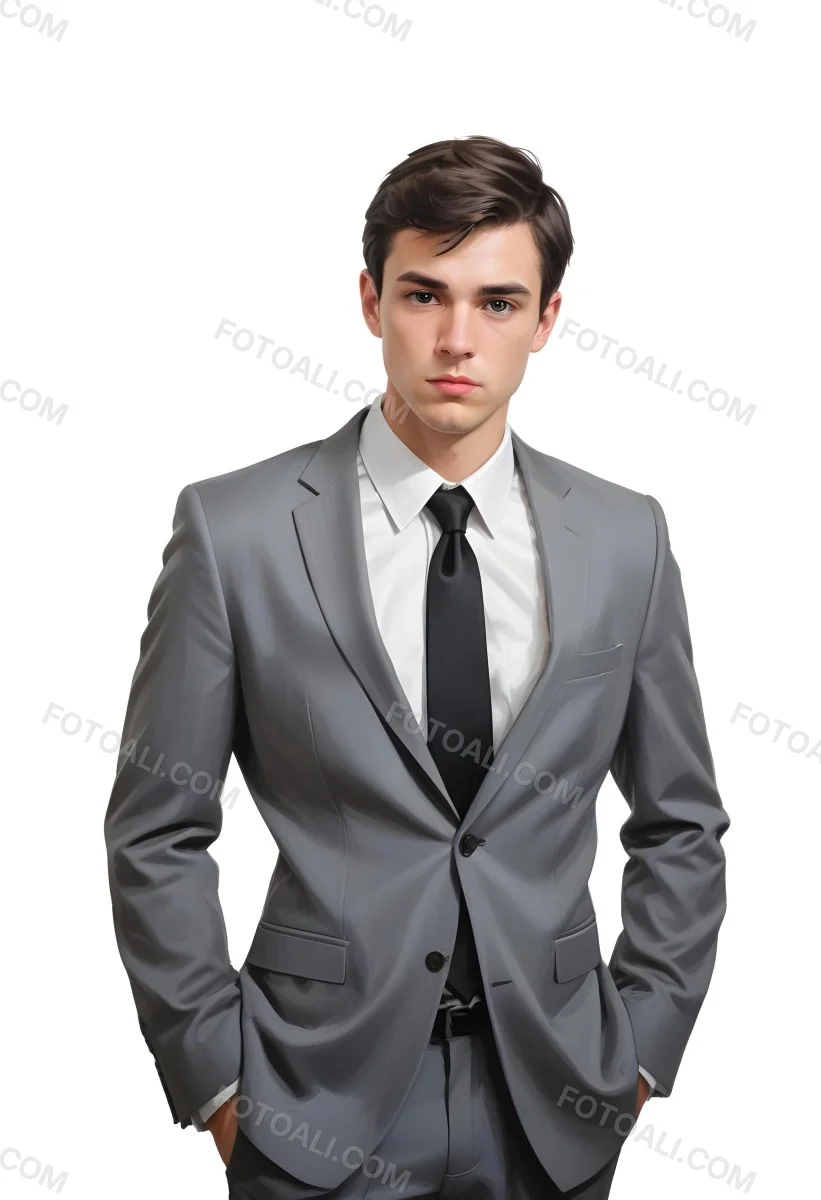 A Young Caucasian Male Approximately 25 Years Old With Short Black Hair Wearing A Gray Suit With A White Dress Shirt And A Black Tie He Has A Serious Expression And Is Standing With His Hands On His Hips Against A Pl 11 314e