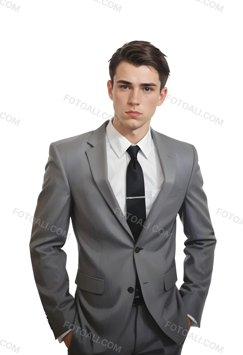 A Young Caucasian Male Approximately 25 Years Old With Short Black Hair Wearing A Gray Suit With A White Dress Shirt And A Black Tie He Has A Serious Expression And Is Standing With His Hands On His Hips Against A Pl 20 E445