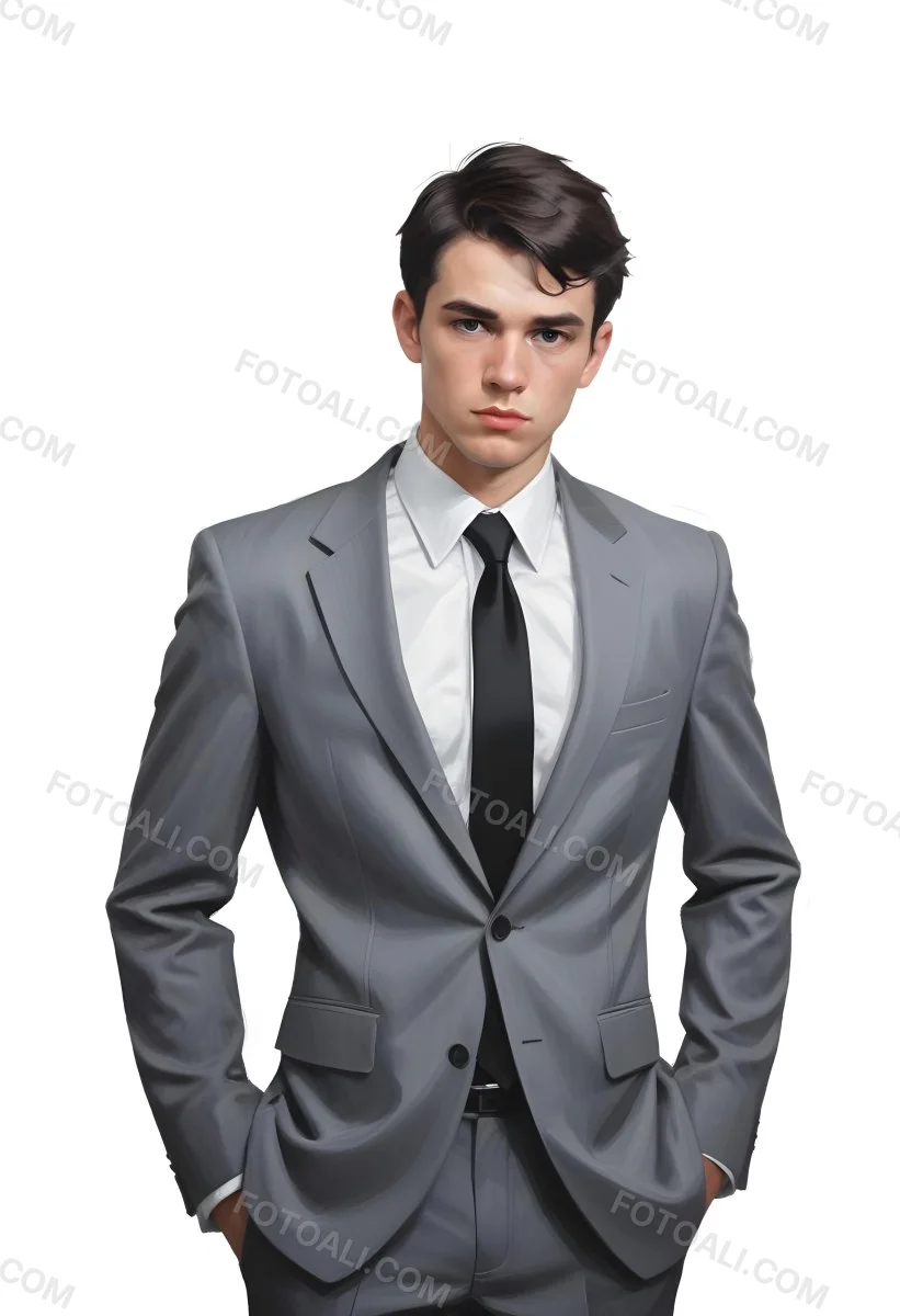 A Young Caucasian Male Approximately 25 Years Old With Short Black Hair Wearing A Gray Suit With A White Dress Shirt And A Black Tie He Has A Serious Expression And Is Standing With His Hands On His Hips Against A Pl 24 4e53