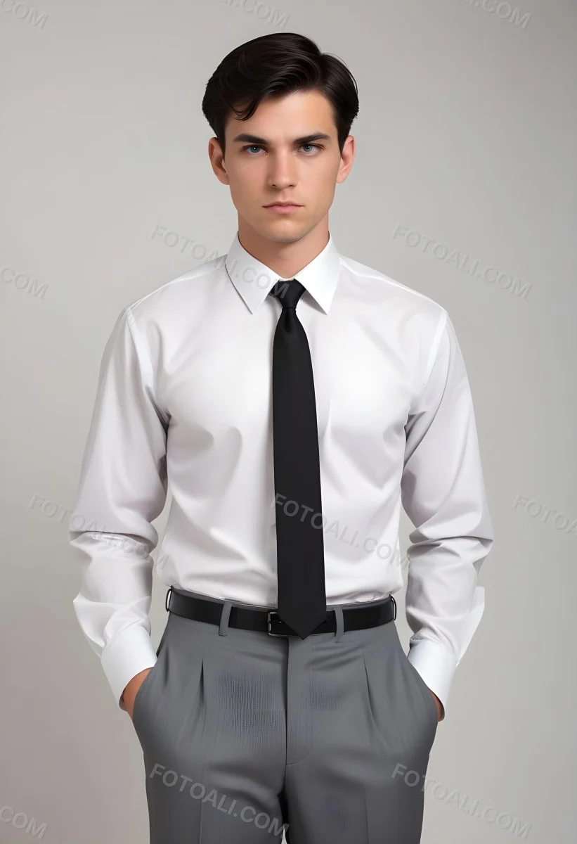 A Young Caucasian Male Approximately 25 Years Old With Short Black Hair Wearing A Gray Suit With A White Dress Shirt And A Black Tie He Has A Serious Expression And Is Standing With His Hands On His Hips Against A Pl 28 F089
