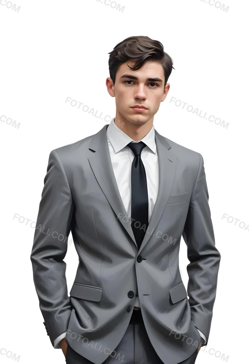 A Young Caucasian Male Approximately 25 Years Old With Short Black Hair Wearing A Gray Suit With A White Dress Shirt And A Black Tie He Has A Serious Expression And Is Standing With His Hands On His Hips Against A Pl 3 1684