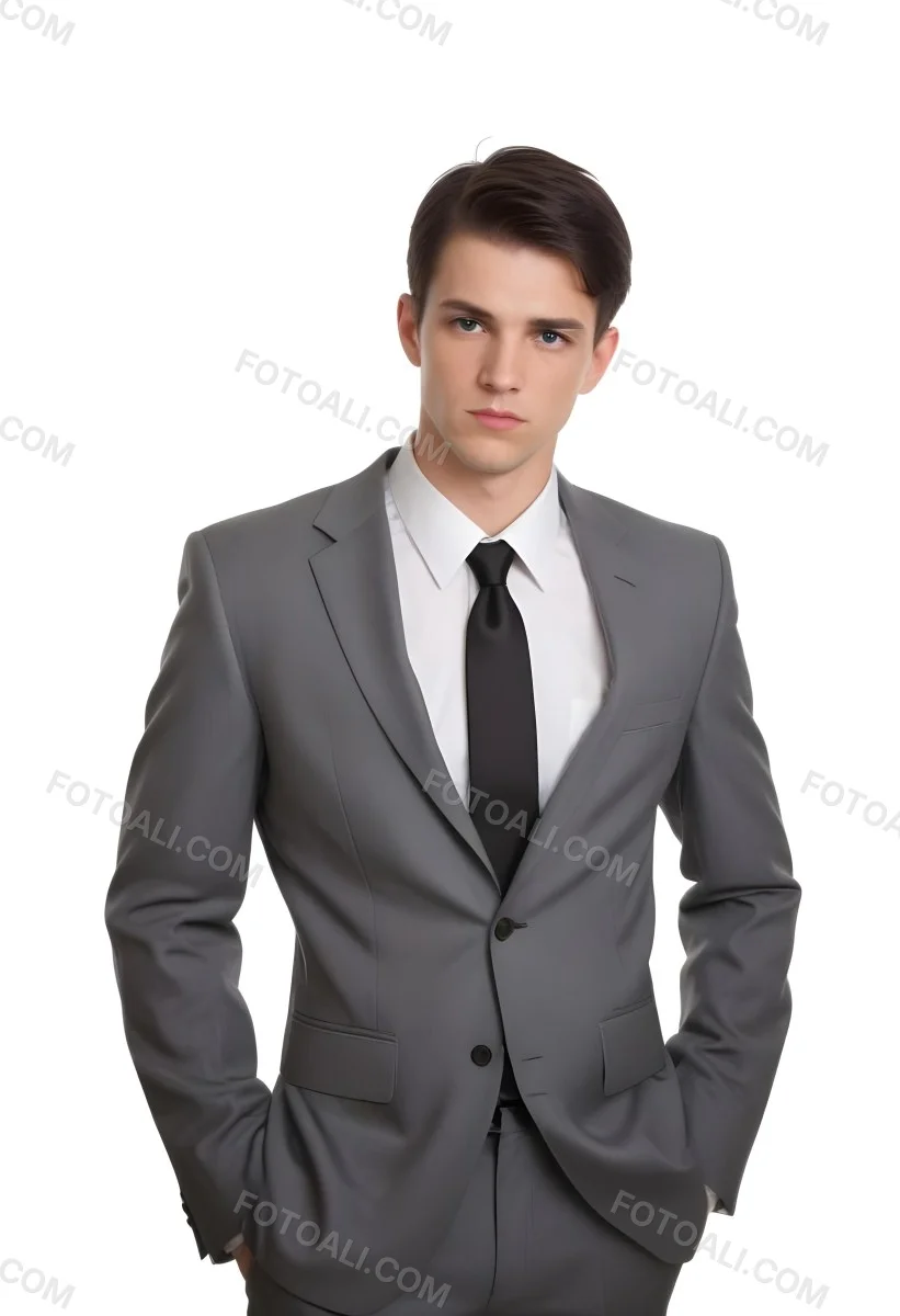 A Young Caucasian Male Approximately 25 Years Old With Short Black Hair Wearing A Gray Suit With A White Dress Shirt And A Black Tie He Has A Serious Expression And Is Standing With His Hands On His Hips Against A Pl 37 9f55