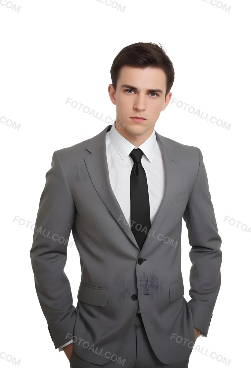 A Young Caucasian Male Approximately 25 Years Old With Short Black Hair Wearing A Gray Suit With A White Dress Shirt And A Black Tie He Has A Serious Expression And Is Standing With His Hands On His Hips Against A Pl 40 7a40