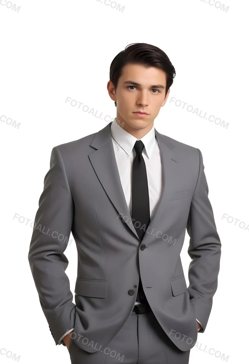 A Young Caucasian Male Approximately 25 Years Old With Short Black Hair Wearing A Gray Suit With A White Dress Shirt And A Black Tie He Has A Serious Expression And Is Standing With His Hands On His Hips Against A Pl 49 21cf